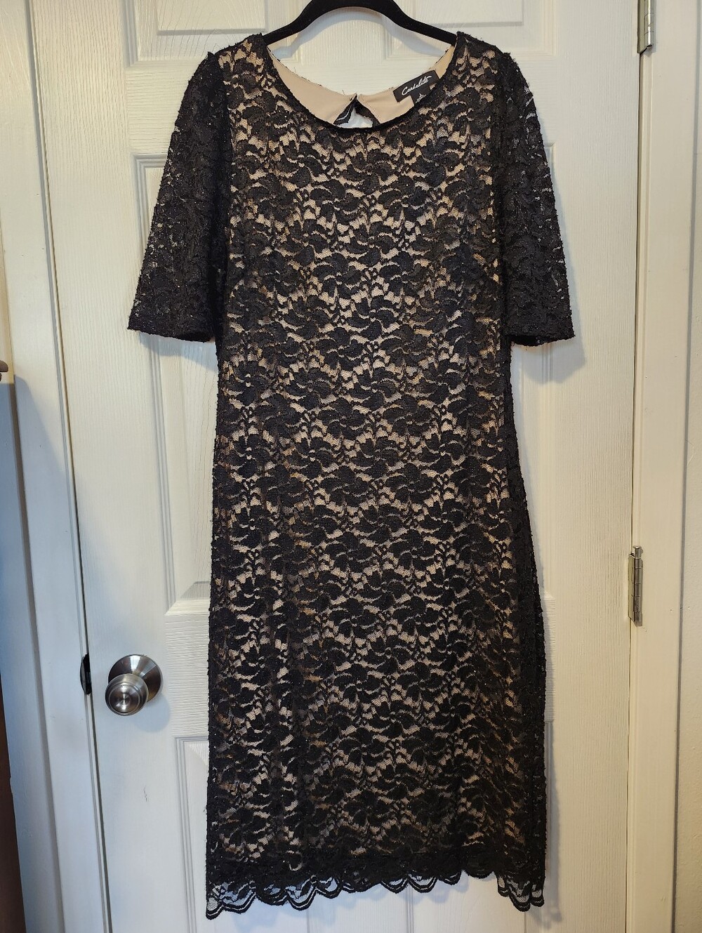 Classic Black Lace Midi Dress with Nude Lining